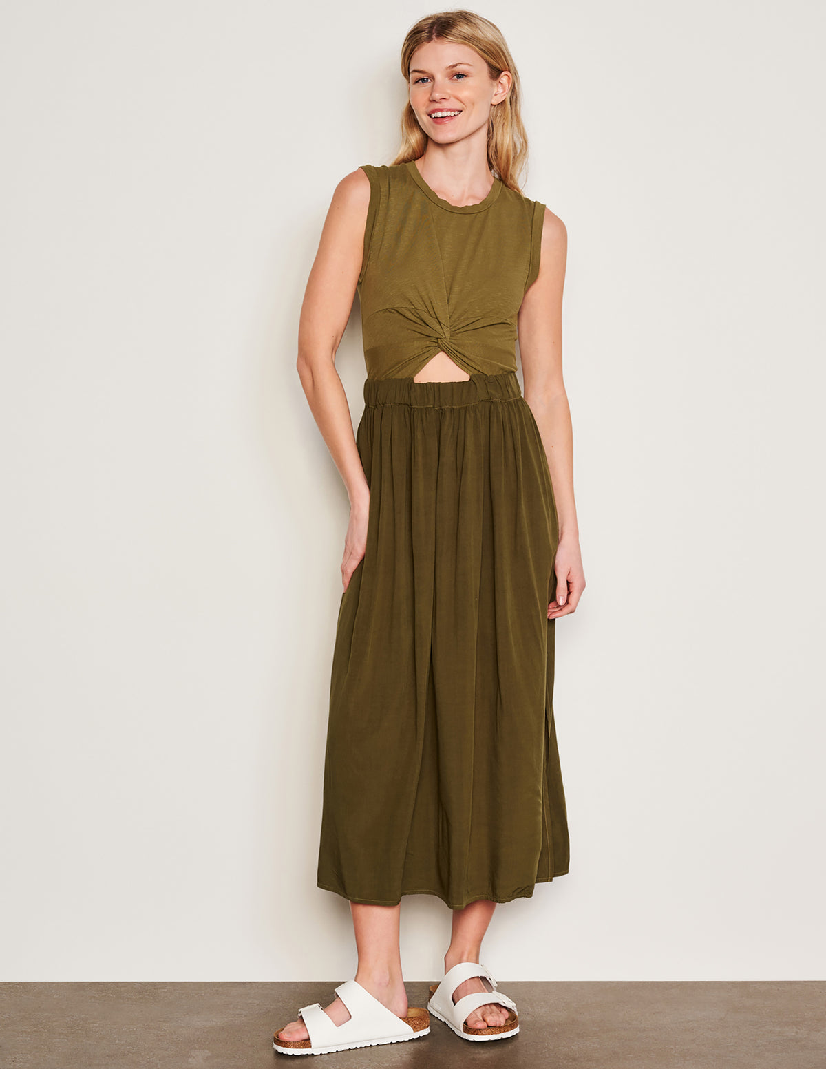 Sundry Midi Mixed Media Dress in Olive-front view model is smiling
