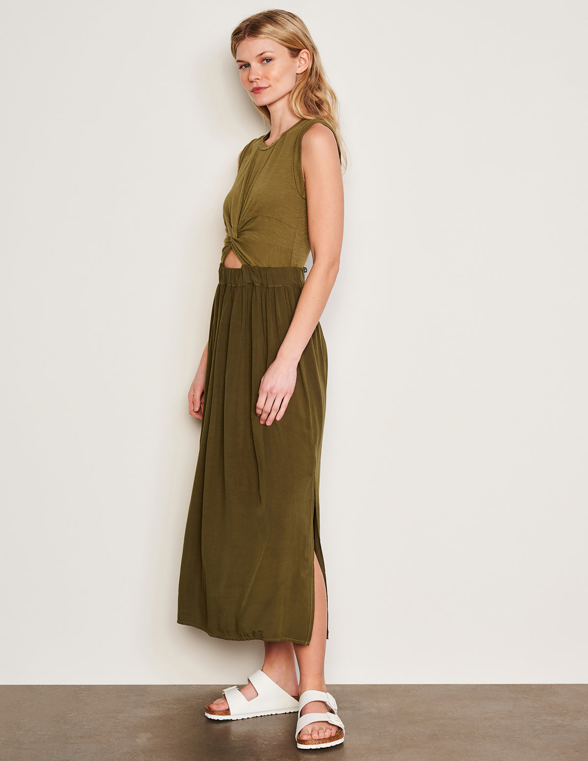 Sundry Midi Mixed Media Dress in Olive-side view