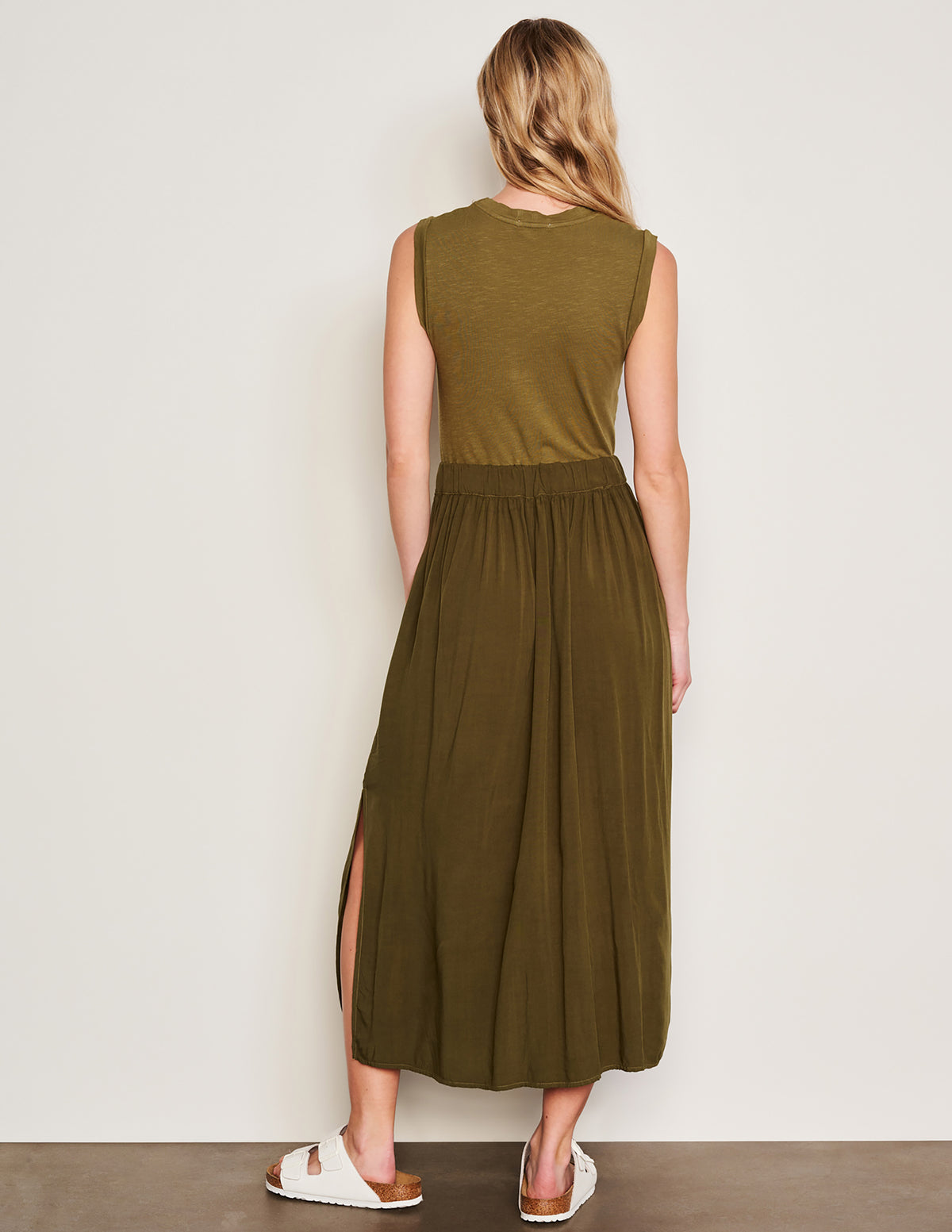 Sundry Midi Mixed Media Dress in Olive-back view