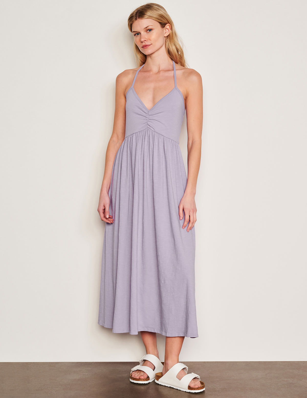 Sundry Tie Back Dress in Dark Lavender-model full front view