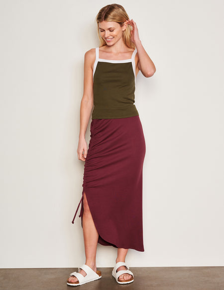 Sundry Shirred Midi Skirt in Merlot-full view model is looking down