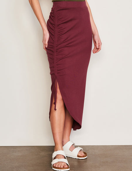 Sundry Shirred Midi Skirt in Merlot-full view model is looking down