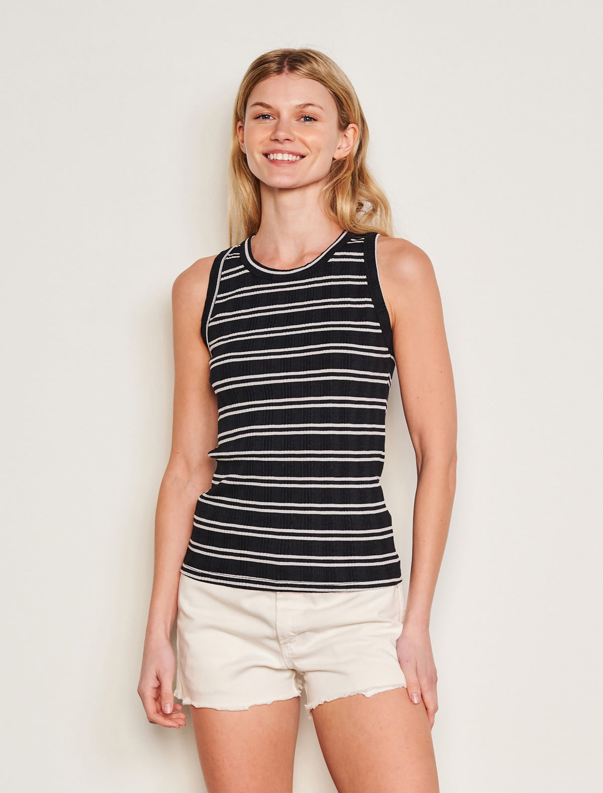 Sundry Variegated Rib Stripe High Crew Tank in Deep Navy-3/4 front view