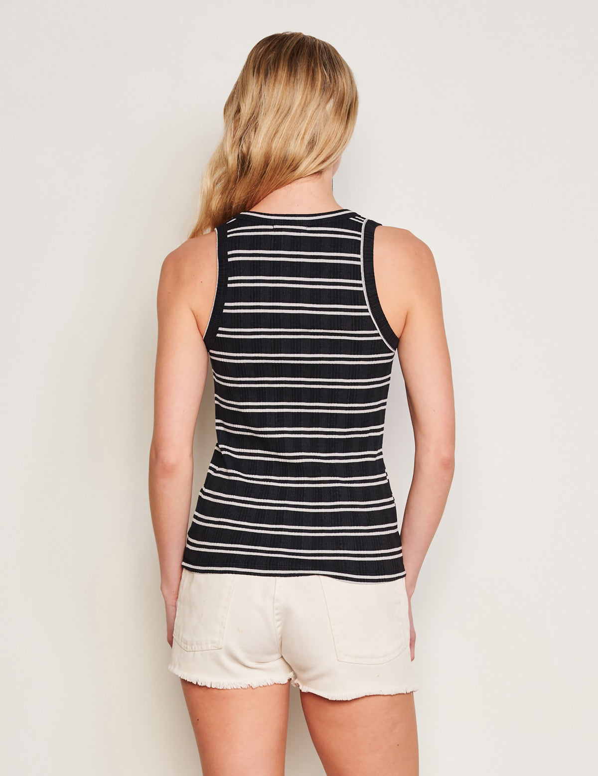 Sundry Variegated Rib Stripe High Crew Tank in Deep Navy-back view