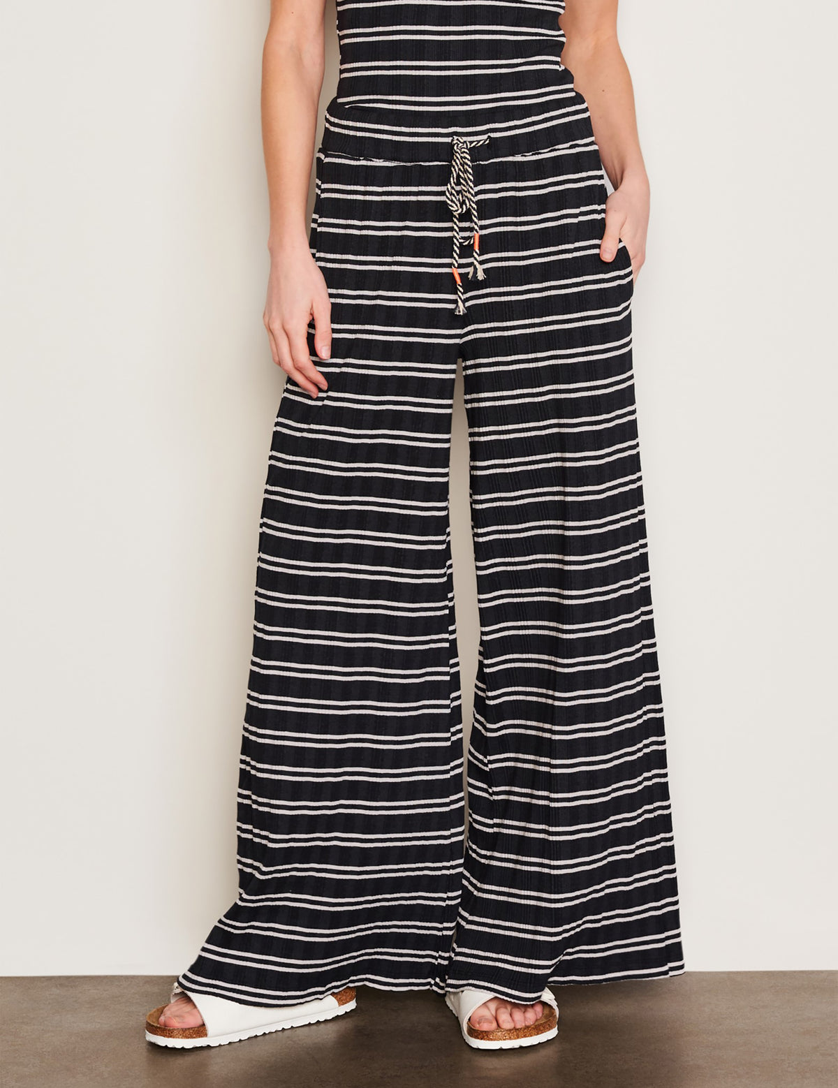 Sundry Variegated Rib Stripe Wide Leg Pant in Deep Navy-front
