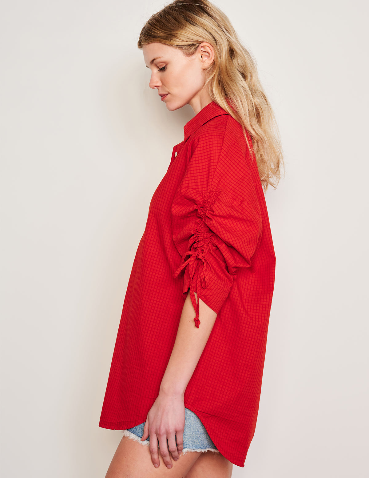 Sundry Beachside Check Short Shirt Dress in Burnt Red-side model is looking down 