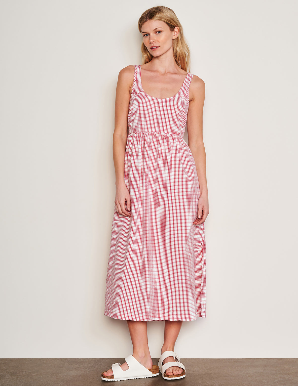 Sundry Beachside Check Midi Tie Back Dress in Optic White-full body view (front)