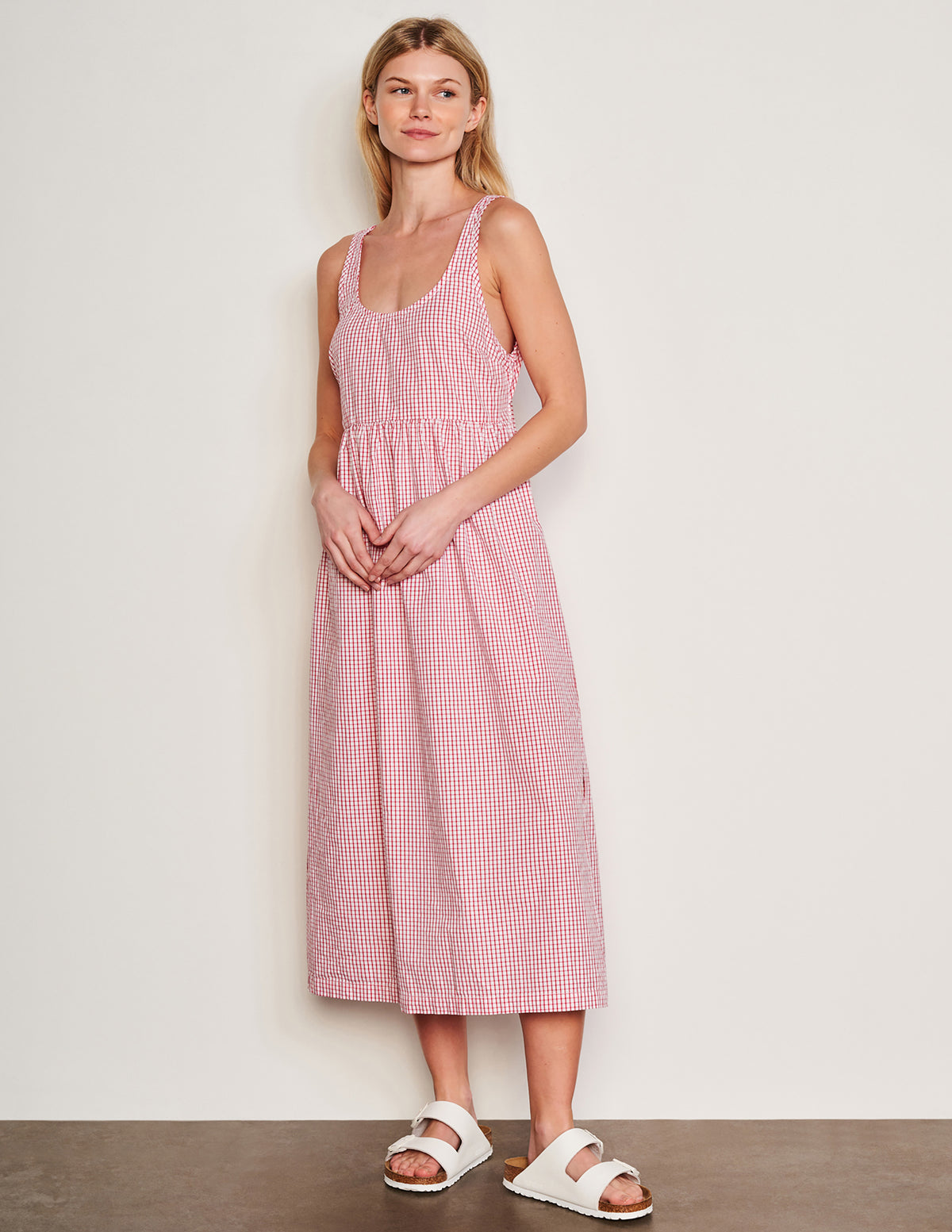 Sundry Beachside Check Midi Tie Back Dress in Optic White-full view model is holding her hands together and looking away