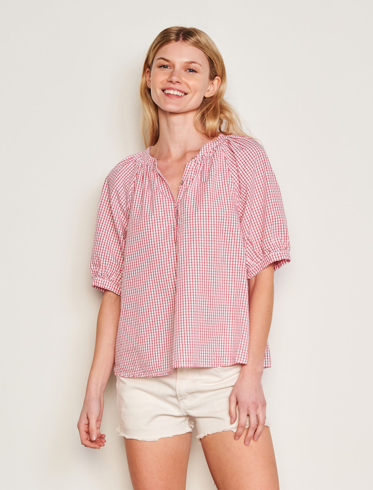 Sundry Beachside Check Femme Raglan Henley in Optic White-3/4 front view