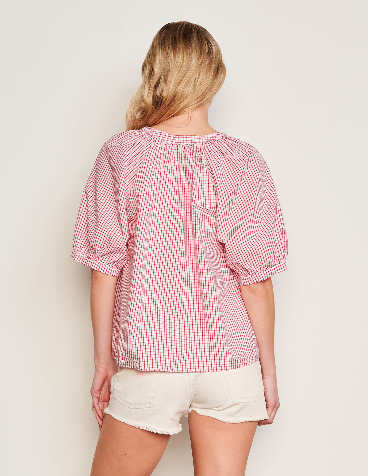 Sundry Beachside Check Femme Raglan Henley in Optic White-back view