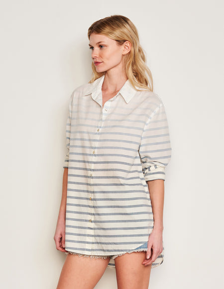 Sundry Changing Tide Stripe Classic Shirt in Deep Navy-3/4 front view model has her hands to her side