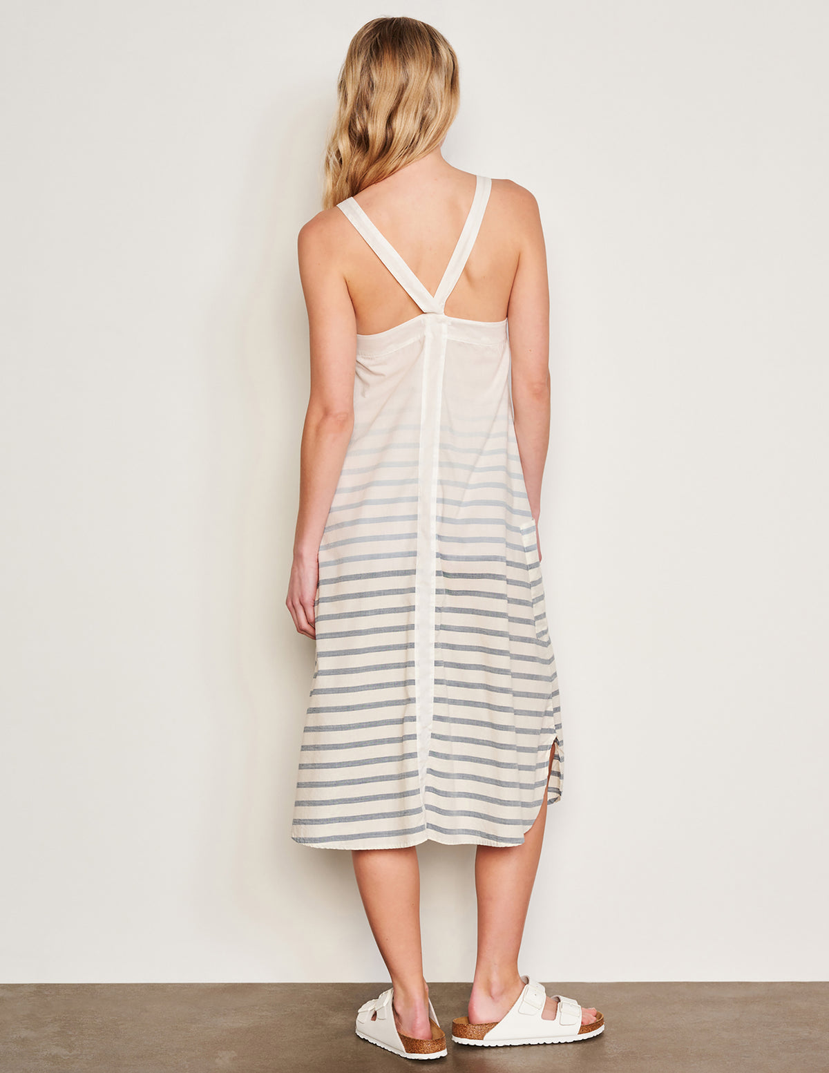 Sundry Changing Tide Stripe Midi Apron Dress in Deep Navy-back view of the strap detail