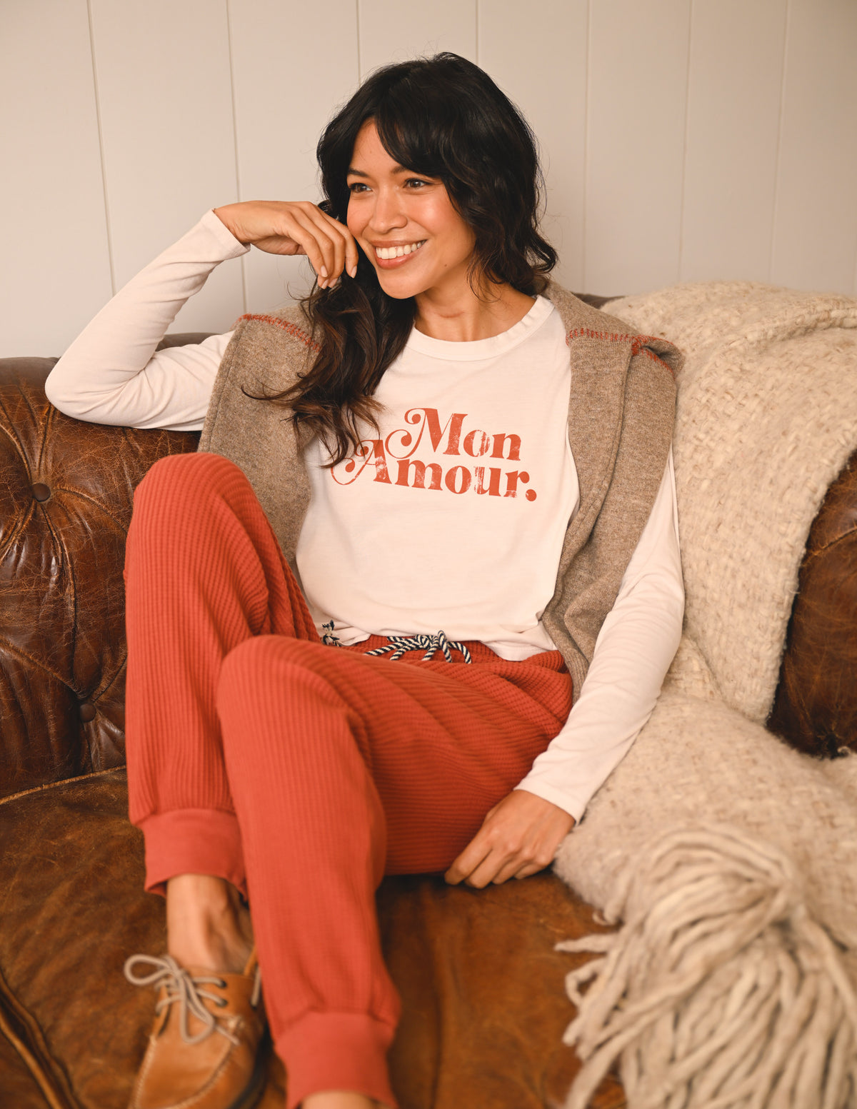 Sundry Mon Amour Long Sleeve Crew in Oyster