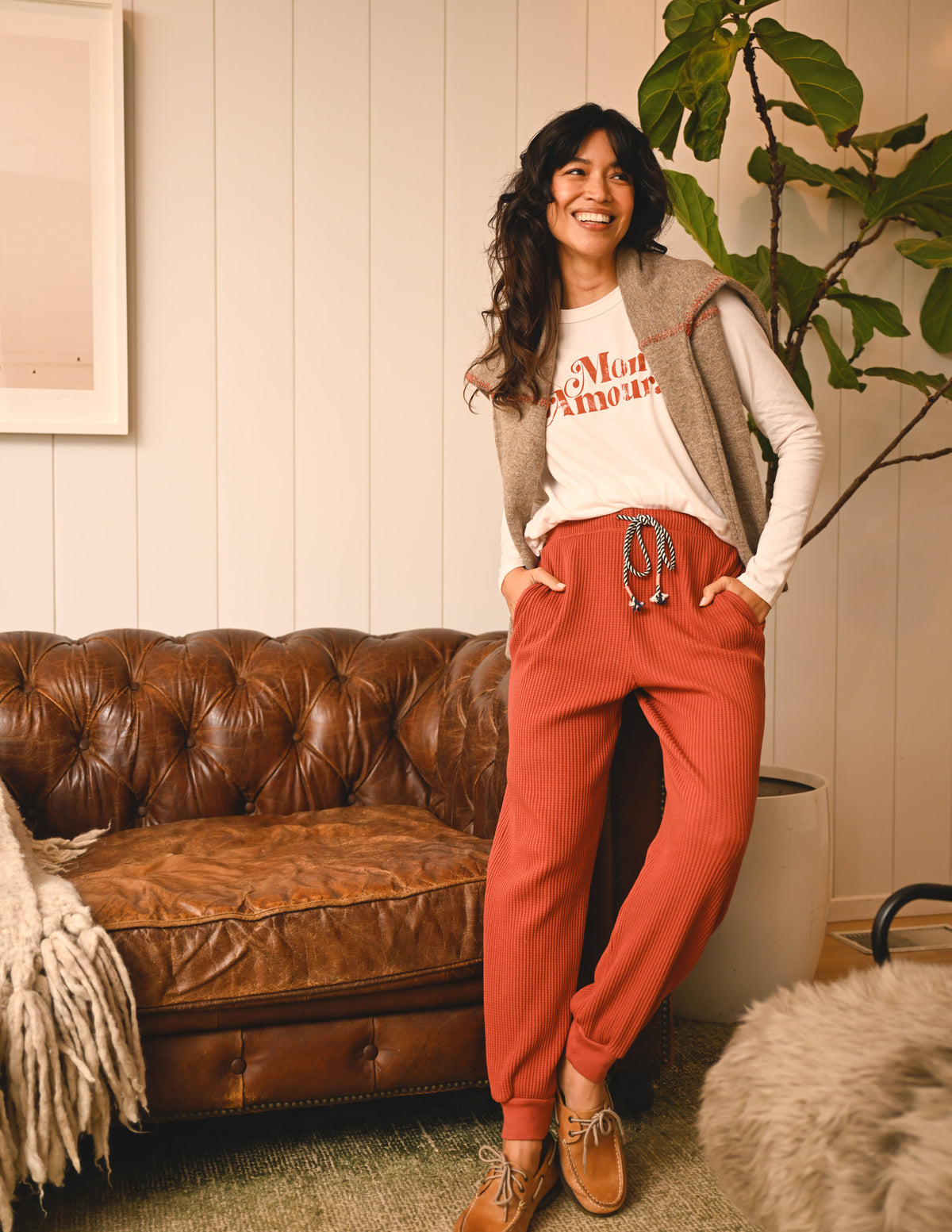 Sundry Mon Amour Long Sleeve Crew in Oyster