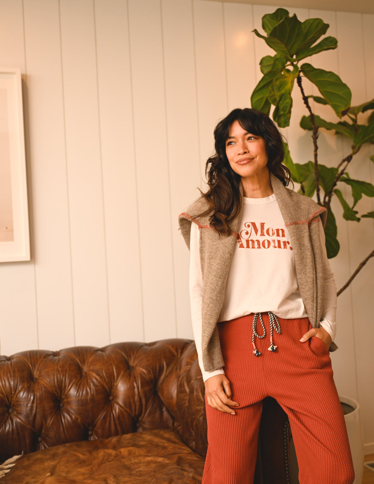 Sundry Mon Amour Long Sleeve Crew in Oyster