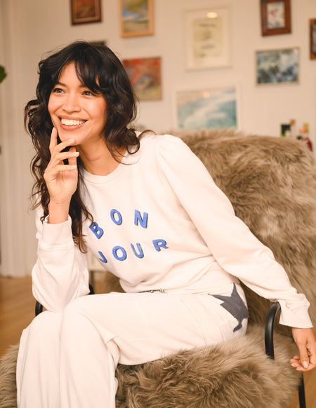 Sundry Bonjour Puff Sleeve Sweatshirt in Oyster