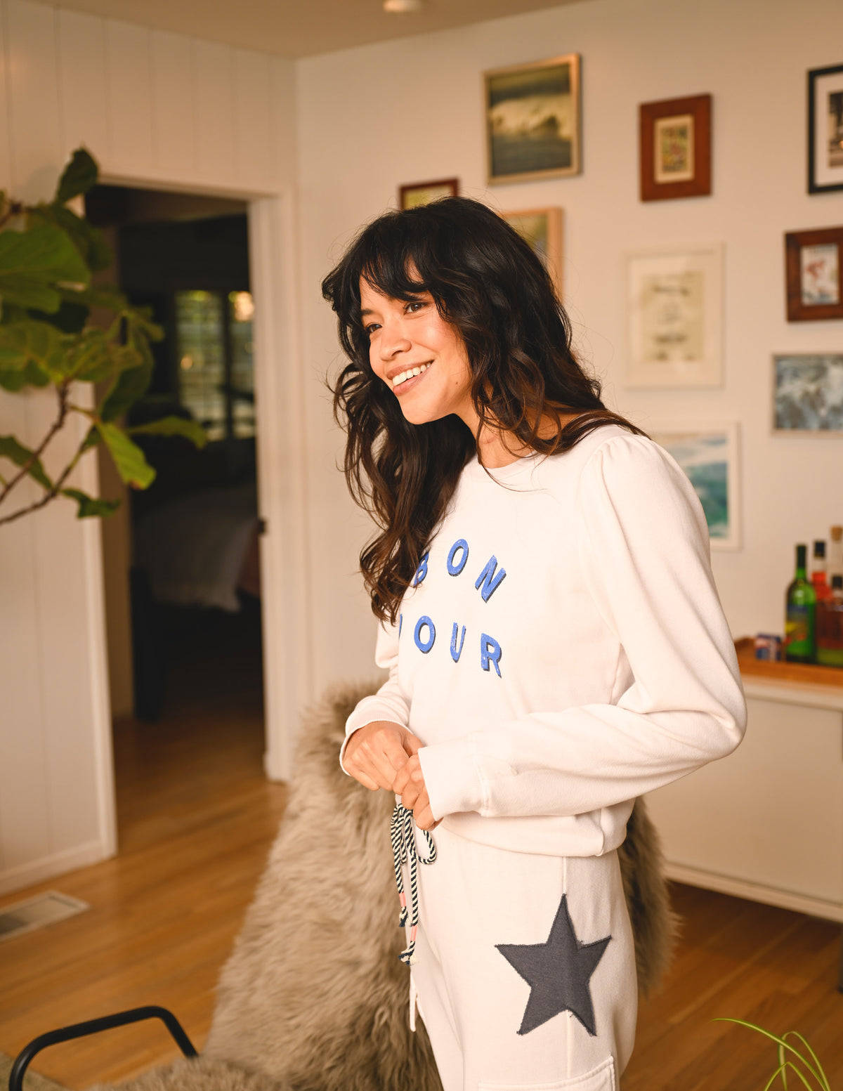 Sundry Bonjour Puff Sleeve Sweatshirt in Oyster