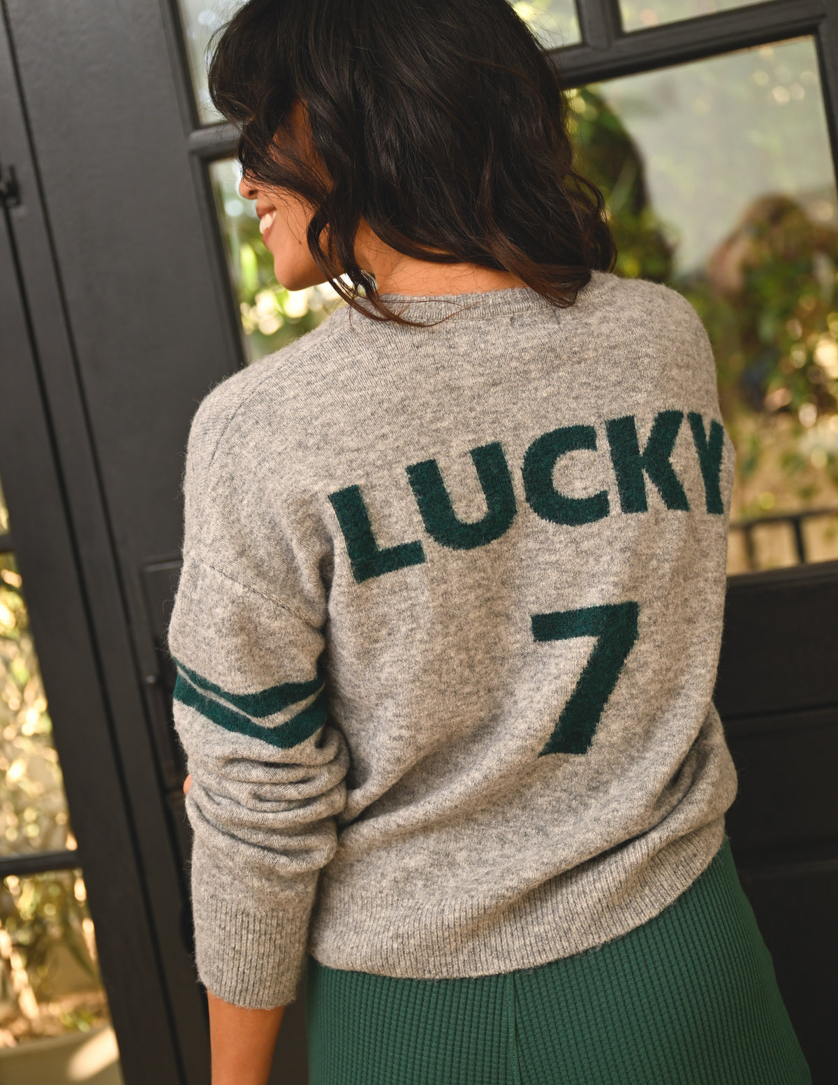 Sundry Lucky 7 V-Neck Intarsia Sweater in Heather Grey