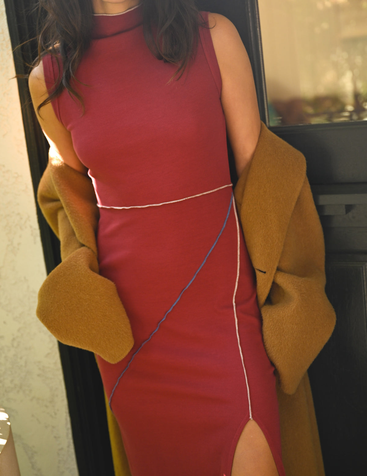 Sundry Midi Seamed Mock Neck Dress in Tibet Red