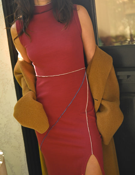 Sundry Midi Seamed Mock Neck Dress in Tibet Red