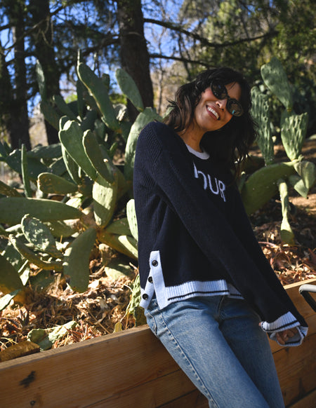 Sundry Amour Intarsia Sweater with Button Side Slits in Deep Navy