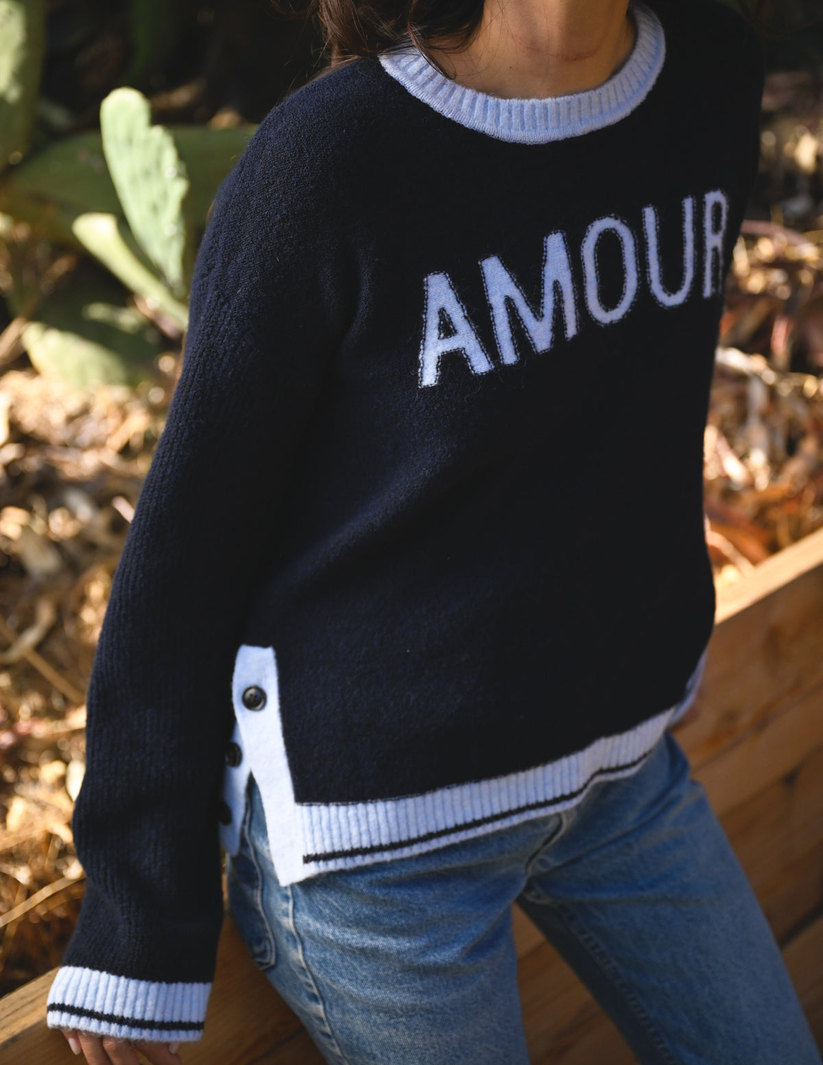 Sundry Amour Intarsia Sweater with Button Side Slits in Deep Navy
