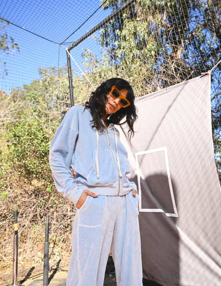 Sundry Velour Zip Hoodie & Velour Lounge Pant in Blue Wash