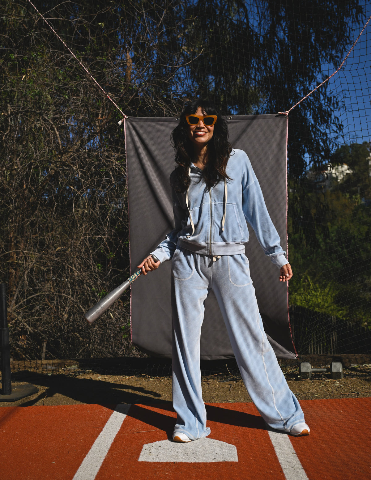 Sundry Velour Zip Hoodie in Blue Wash