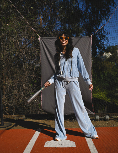 Sundry Velour Zip Hoodie in Blue Wash