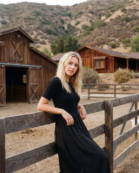 Sundry Rib Rayon Twill Mixed Media Dress in Black