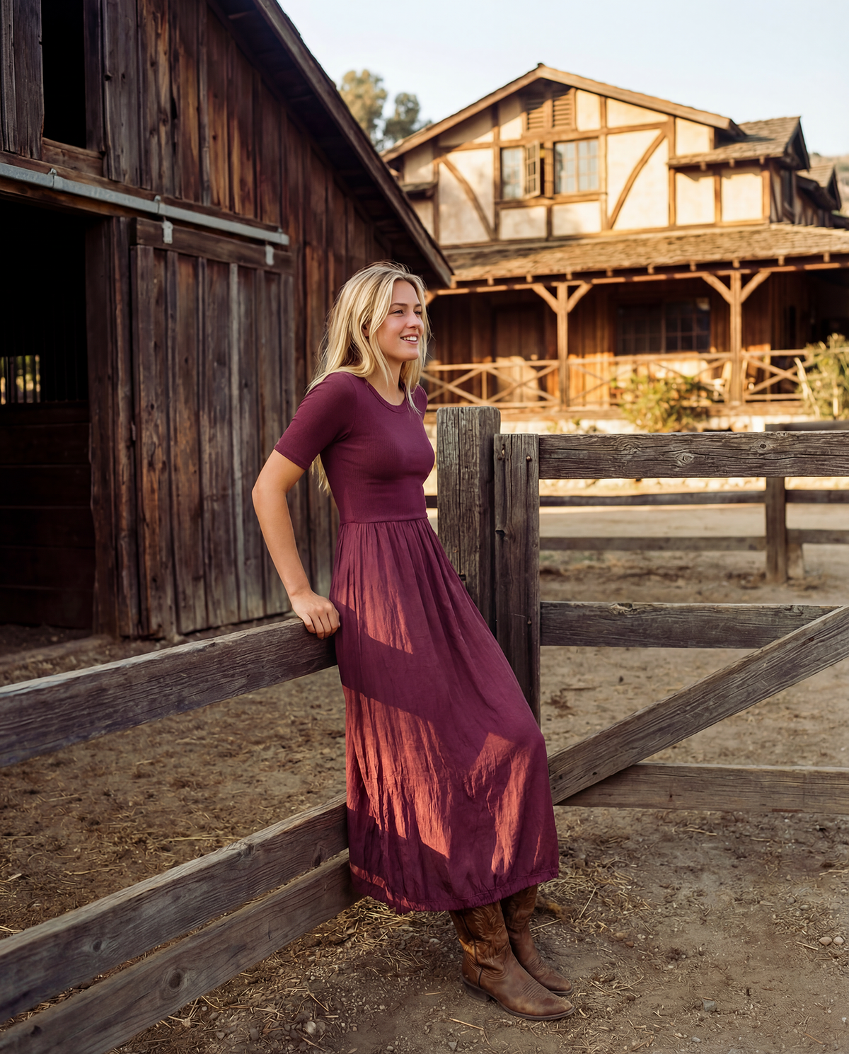 Sundry Rib Rayon Twill Mixed Media Dress in Midnight Iris
