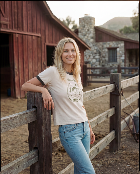 Sundry Paradise Ranch Ringer Crew Tee in Pearl