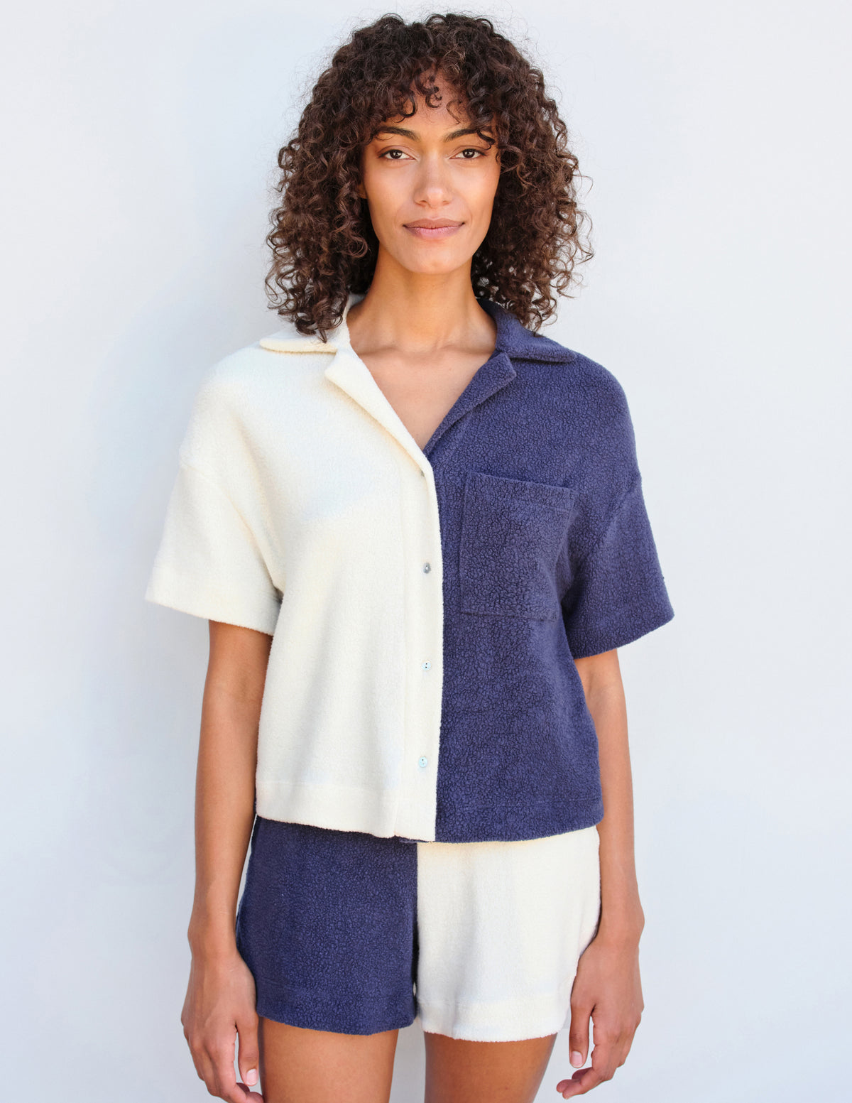 Sundry Sherpa Short Sleeve Button Down in Cream/Navy