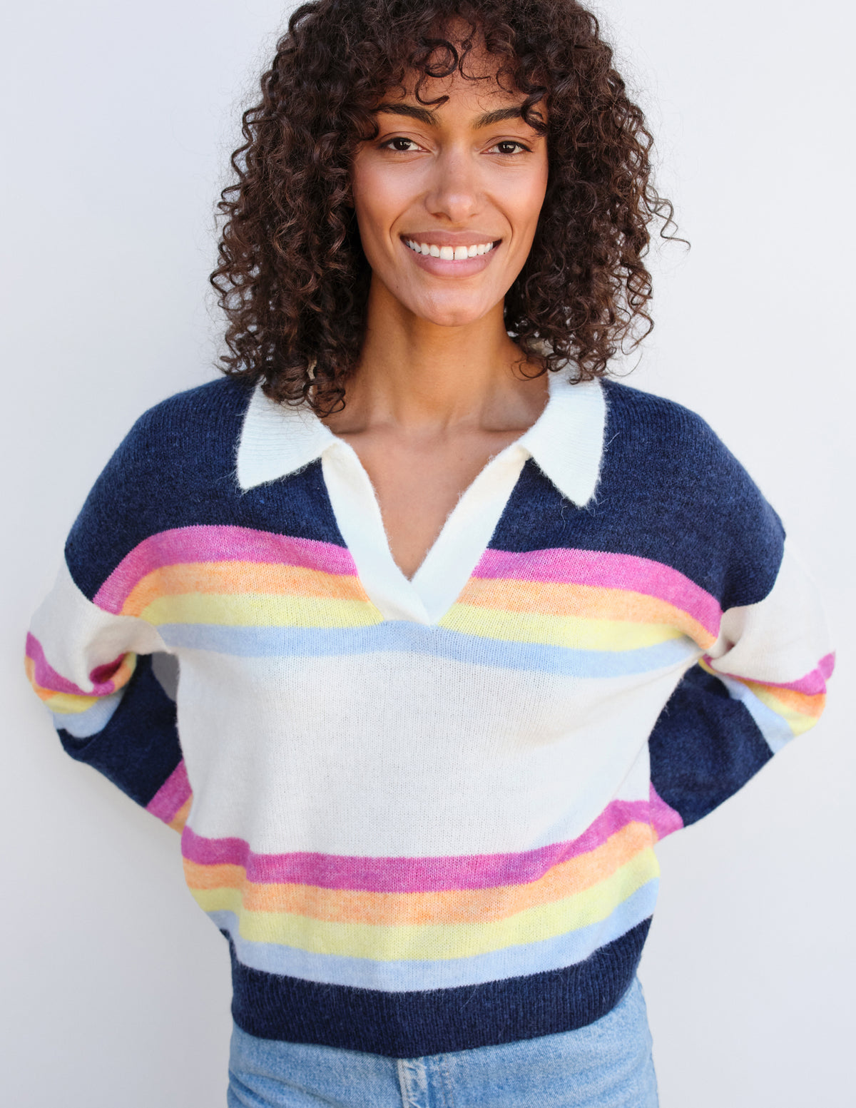 Sundry Johnny Collar Sweatshirt in Multicolor Stripes-3/4 front view close up 