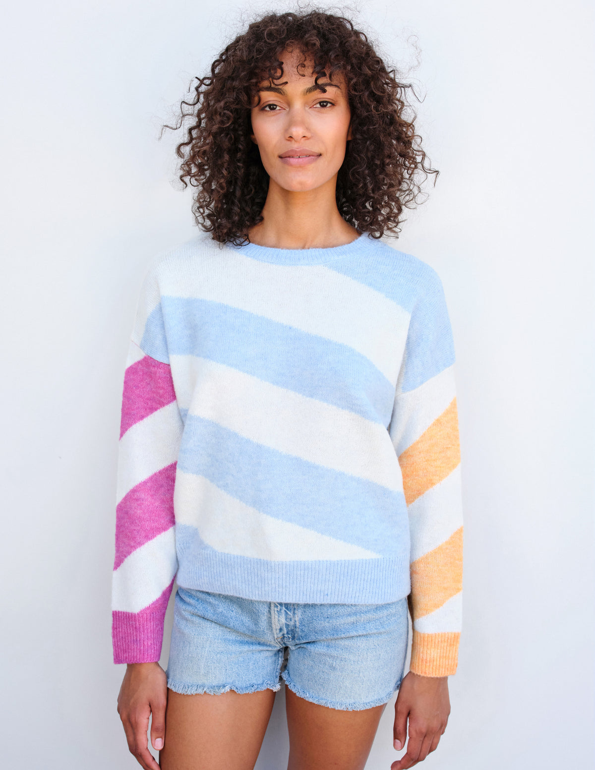 Sundry Diagonal Stripes Sweater in Flamingo/Sky/Sorbet-front full view