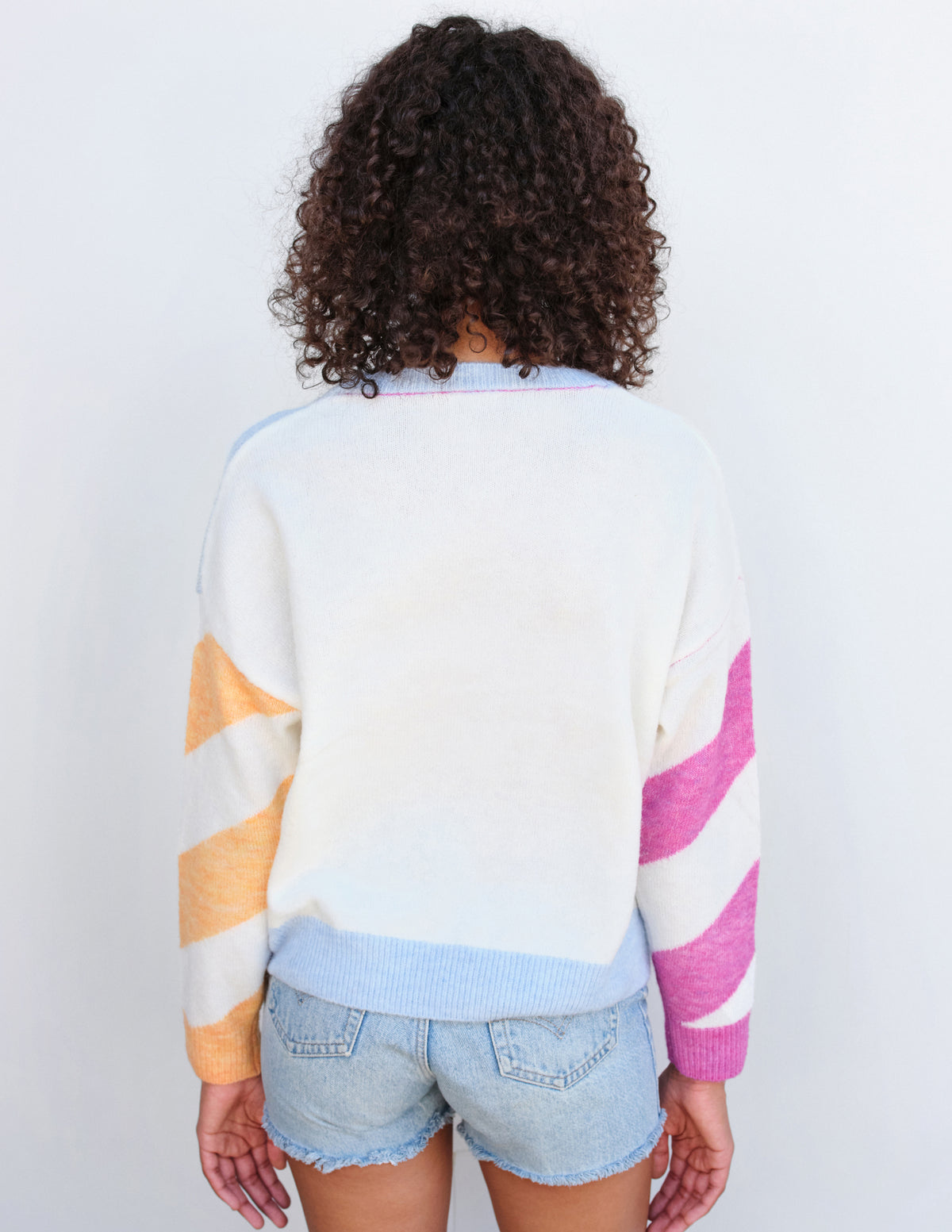 Sundry Diagonal Stripes Sweater in Flamingo/Sky/Sorbet-back
