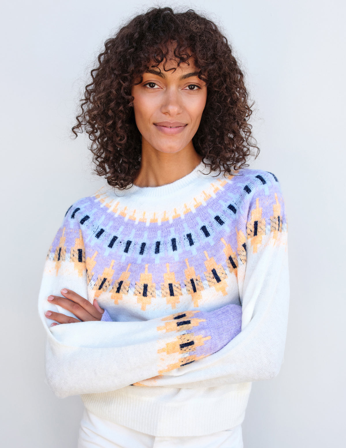 Sundry FairIsle Crew Sweater in Cream-3/4 front view with arms crossed