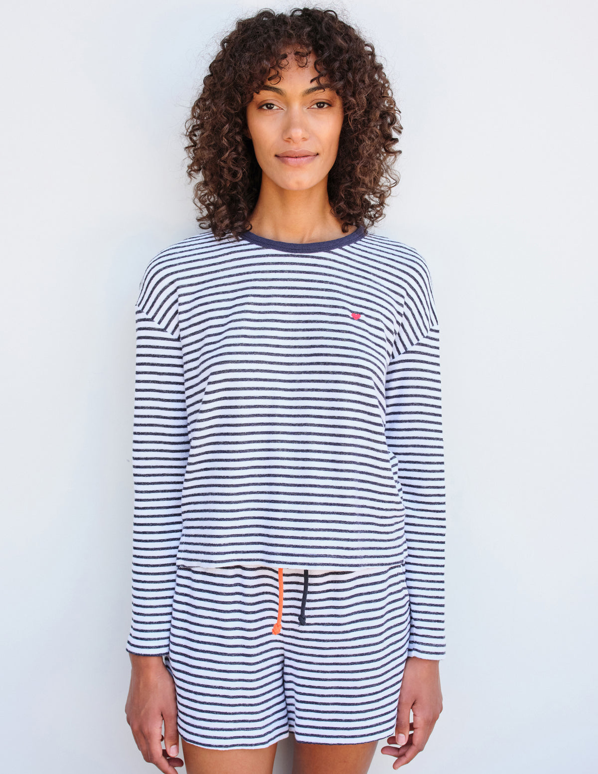 Sundry Heart Stripe Long Sleeve Crew in White-3/4 front view