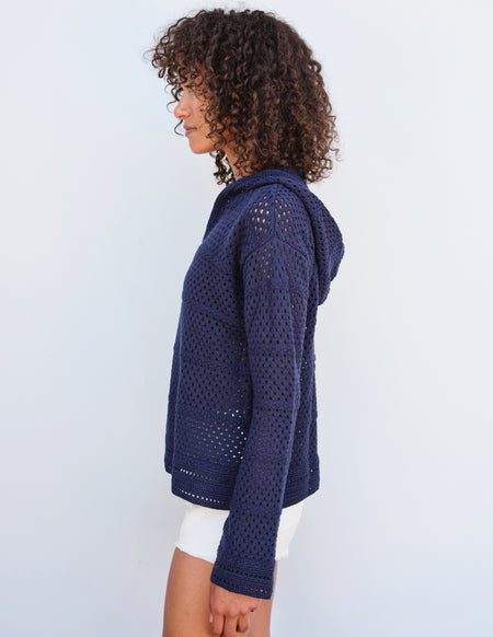 Sundry Crochet Beach Hoodie in Navy