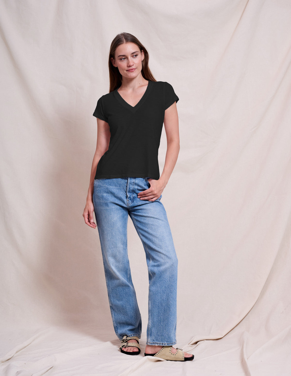 Sundry Deep V-Neck Tee in Black
