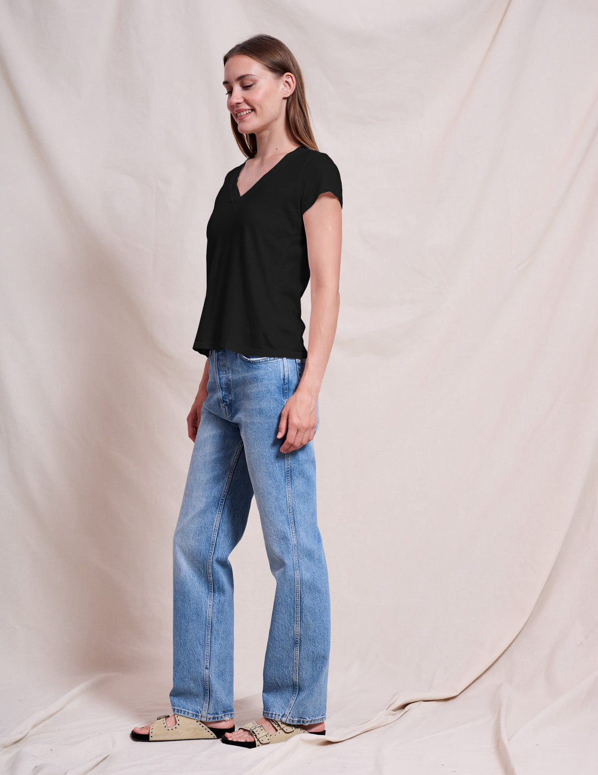 Sundry Deep V-Neck Tee in Black