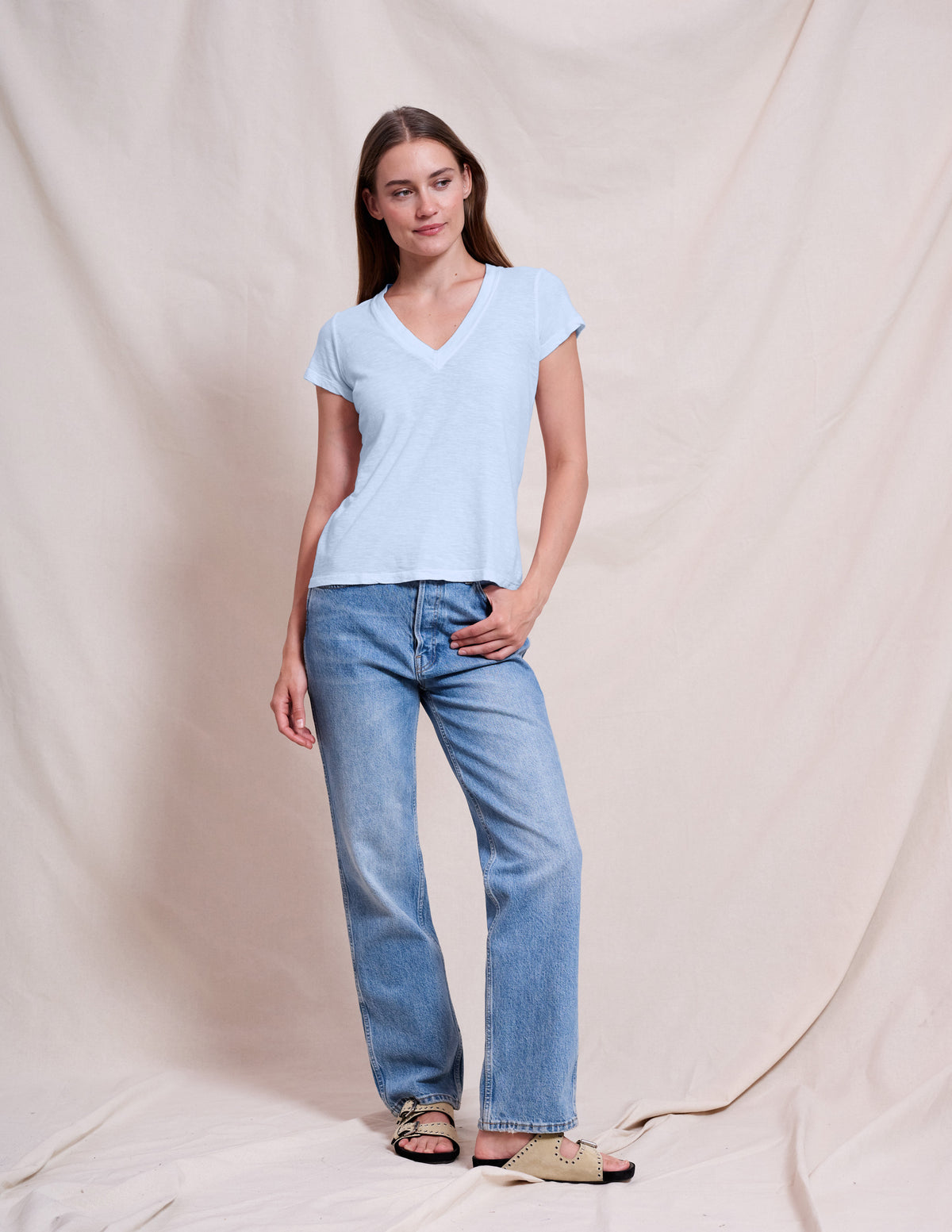 Sundry Deep V-Neck Tee in Chambray