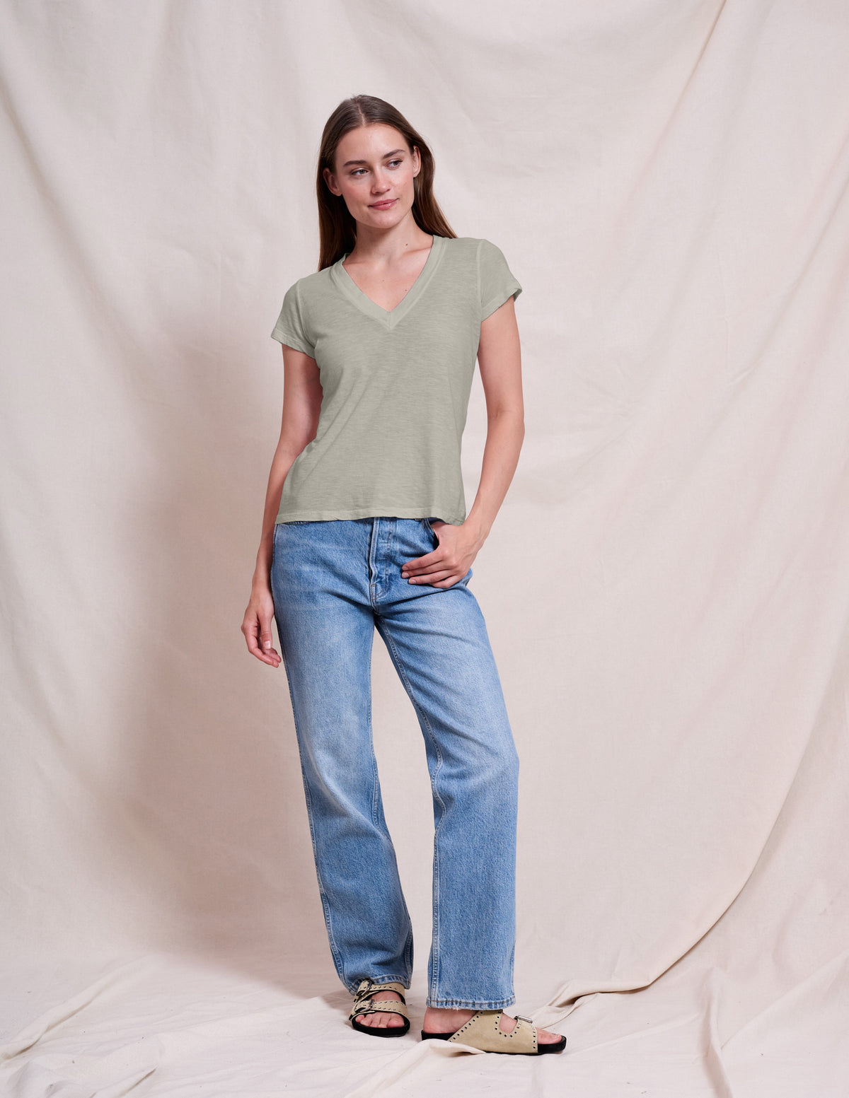 Sundry Deep V-Neck Tee in Olive Oil