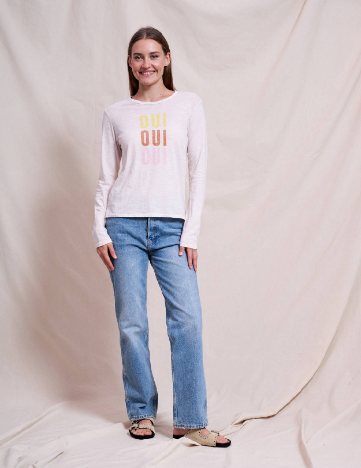 Sundry Oui Long Sleeve Crew in Oyster
