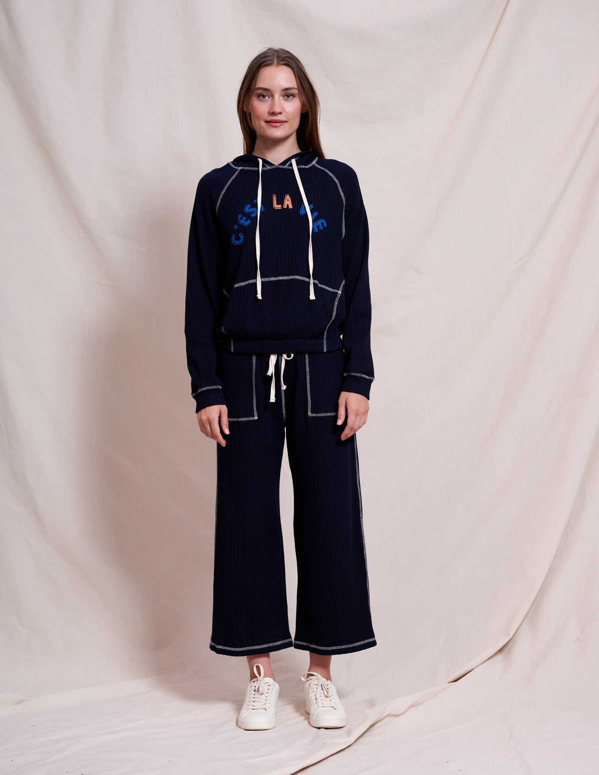 Sundry Contrast Stitch Hoodie in Deep Navy