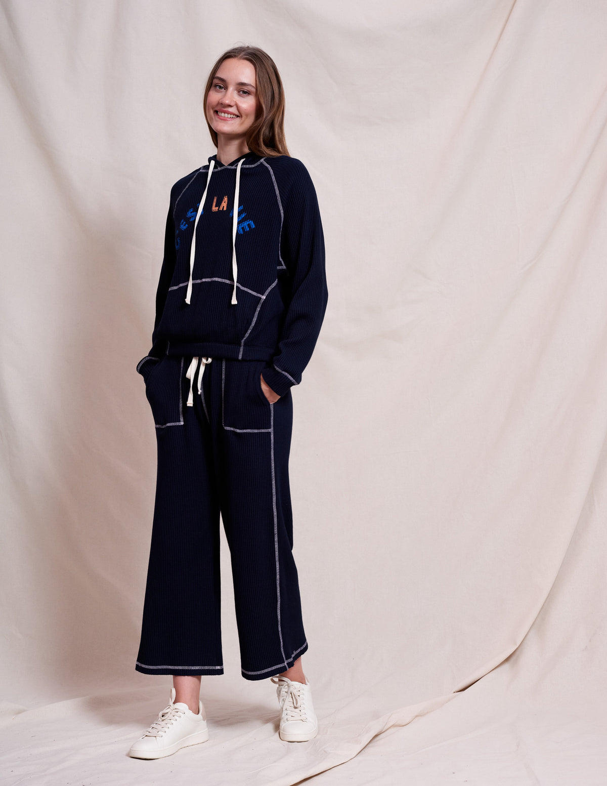 Sundry Contrast Stitch Hoodie in Deep Navy