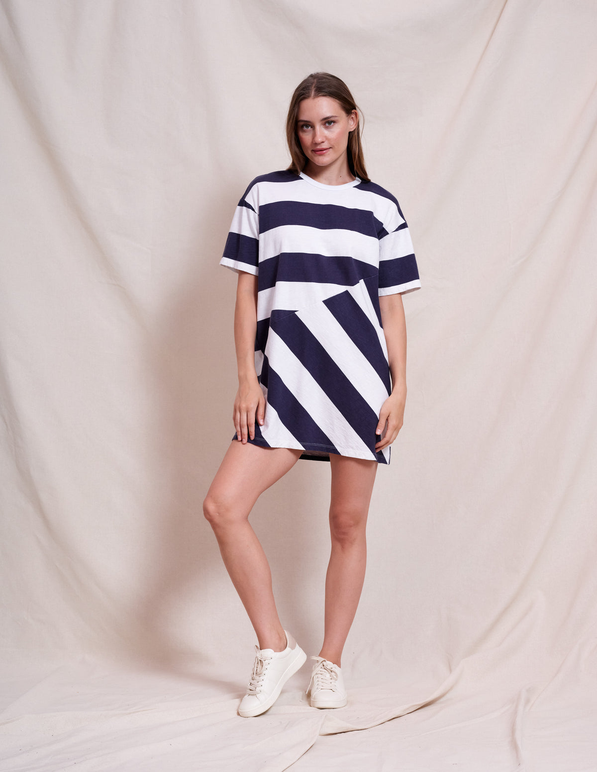 Sundry Bias Stripe Mix T-Shirt Dress in Optic White