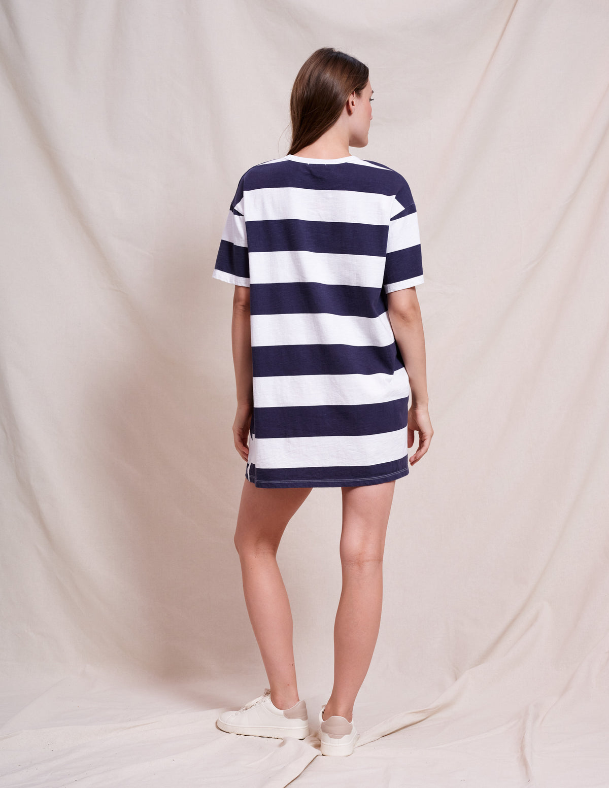 Sundry Bias Stripe Mix T-Shirt Dress in Optic White