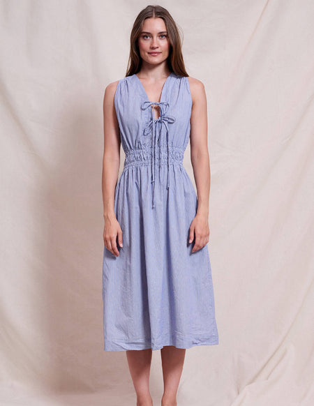 Sundry Midi Tie Neck Dress in Deep Navy