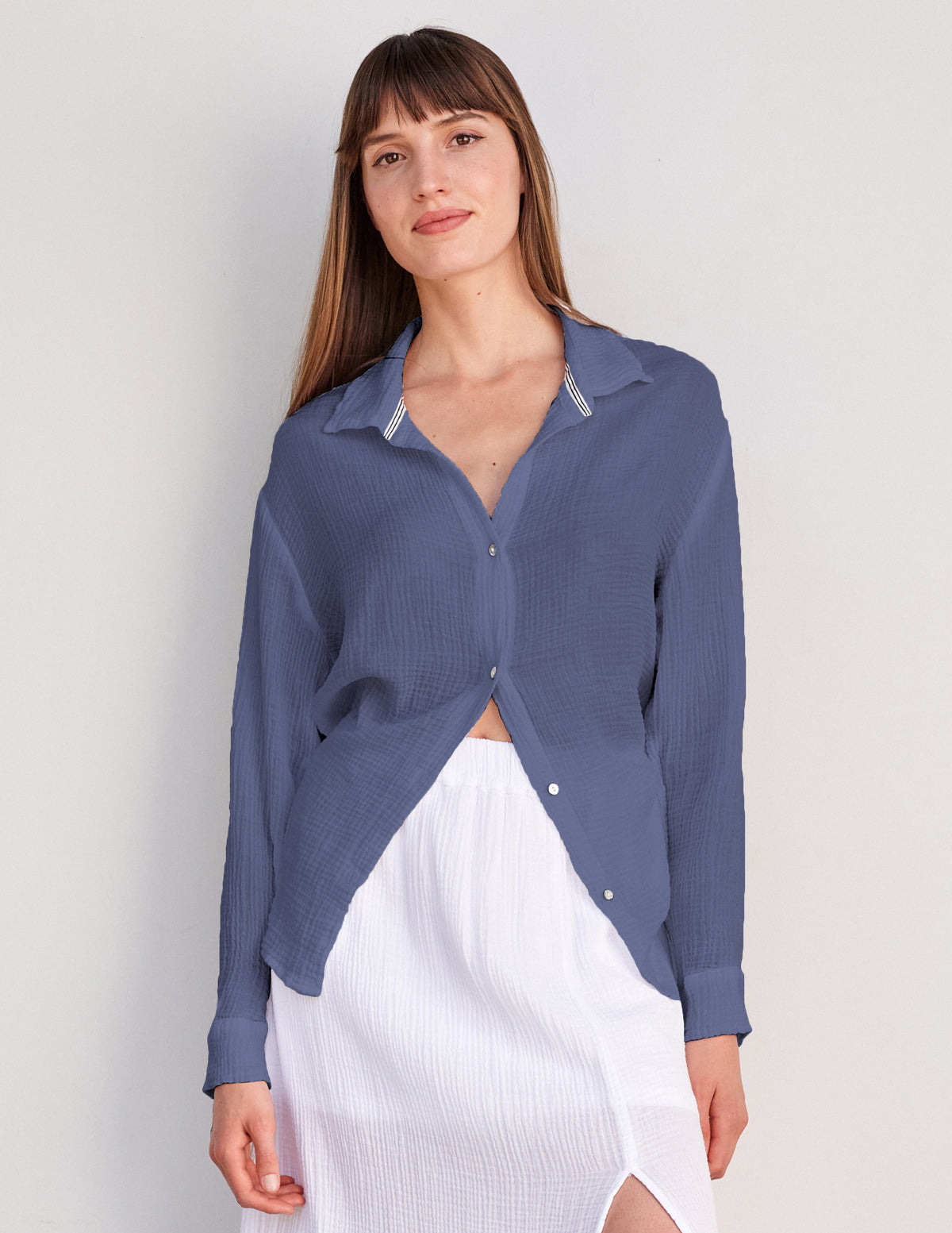 Sundry Long Sleeve Button Down in Navy-3/4 front